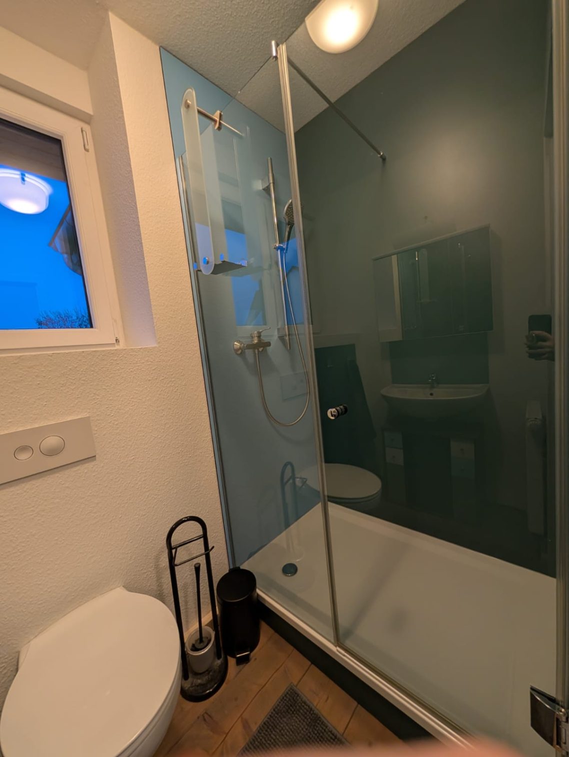kleines Bad Dachgeschoss rechts Moderner Badezimmerbereich mit Dusche, Toilette und leicht getöntem Glas.