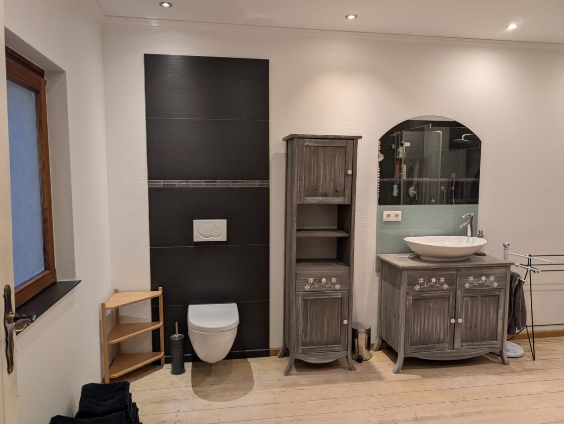 großes Bad Toilette und Waschbecken Modernes Badezimmer mit WC, Waschbecken, einem Schrank und Holzregalen.